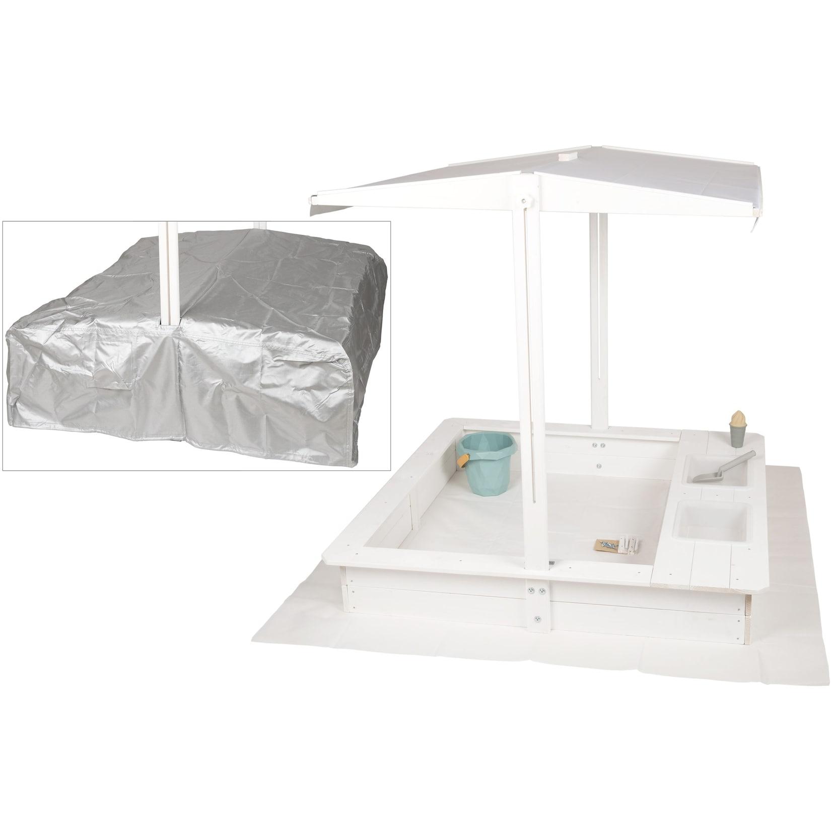 WONDERMAKE® Design Sandkasten mit Matschküche, Dach, Abdeckung OXFORD 420D, Vliesfolie, Sandkiste Holz quadratisch verschließbar Outdoor Garten für Kinder, weiß silber