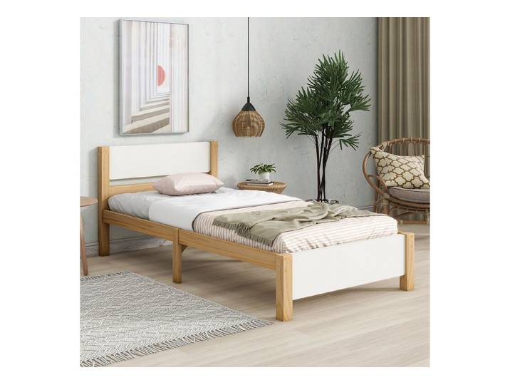 STILVORA Holzbett mit Mittelfuß,90x200Jugendbett Erwachsenenbett mit Kopfteil,Weiß&Natur (90x200 cm, Kiefernholzrahmen mit Mittelfuß, mit Kopf- und Fußteil aus MDF), ohne Matratze