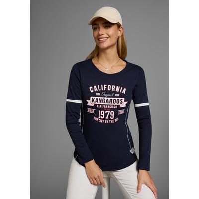Langarmshirt KANGAROOS, Damen, Gr. 40/42, blau (marine), Rippware, Obermaterial: 100% Baumwolle, bedruckt, sehr figurbetont hüftbedeckend, Rundhals, Shirts Langarmshirt, Langarm, sehr figurbetont, bedruckt und mit Stickerei