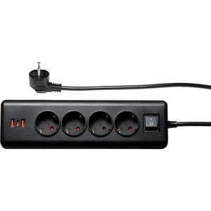 McPower Tischsteckdose 1535939, mit 2 m Schuko Kabel, mit Schalter, schwarz, 4-fach, USB-A & USB-C