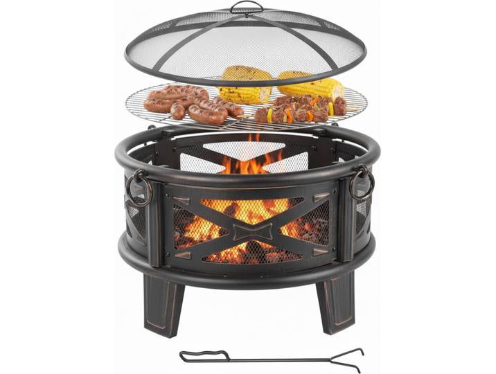 Relaxdays Feuerschale, Ø 66 cm, mit Grillrost, Funkenschutz & Schürhaken, Feuerstelle Garten, Feuerkorb, schwarz/bronze