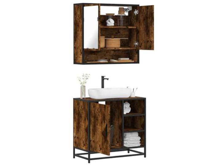 ZQQLVOO 2-TLG. Badmöbel-Set Räuchereiche Holzwerkstoff mit Metallgestell Wandmontage,Spiegelschrank,Waschbeckenunterschrank,Lowboard,Metallgestell,Stauraum,Industrie-Stil