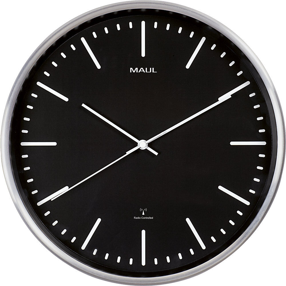 Wanduhr MAULfly, Aluminium gebürstet, Ø 305 mm, Funkuhrwerk, schwarz MAUL