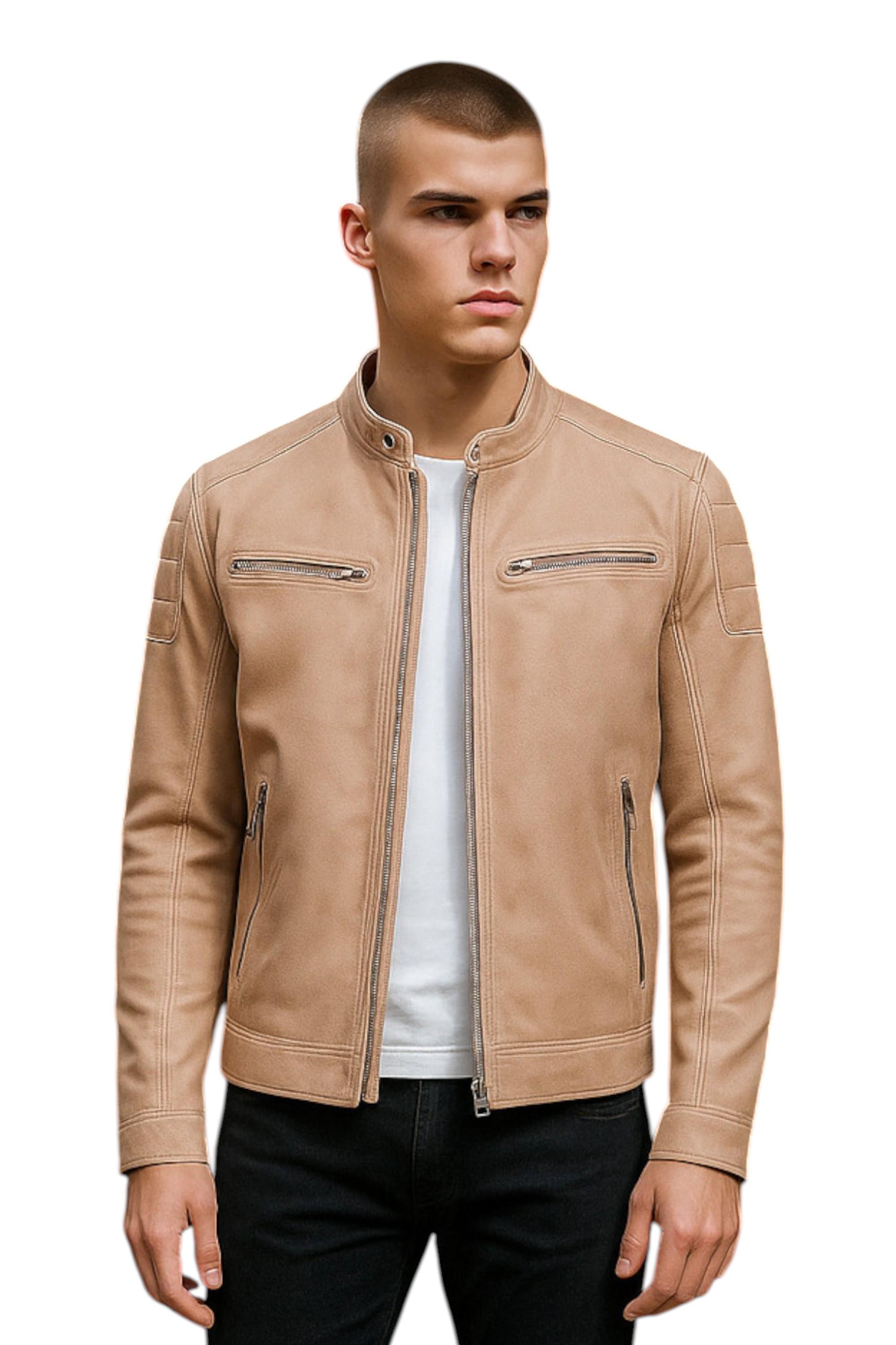 Beigefarbene, moderne, klassische gesteppte Bikerjacke aus Leder für Herren – Mackay