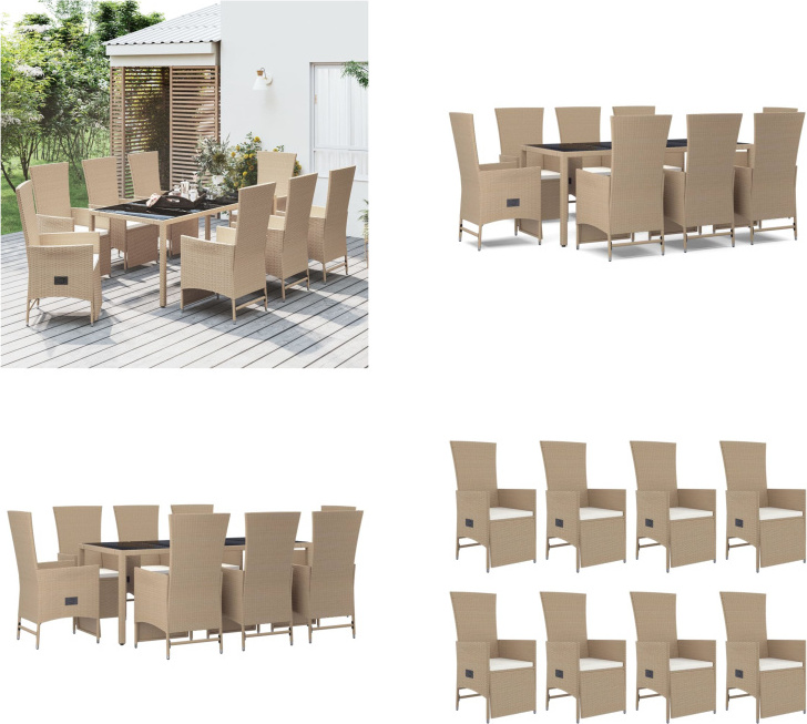 vidaXL 9 tlg. Garten Essgruppe mit Kissen Beige Poly Rattan - Garten Essgruppe - Garten Essgruppen - Essgruppe - Essgruppe Terrasse