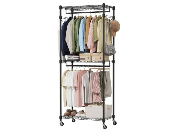 JoyGarden Porte-vêtements noir à double tringle avec 3 étagères réglables sur roulettes – Structure en acier stable pour vêtements