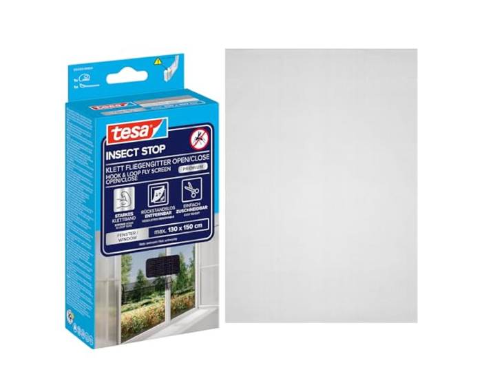 tesa Insect Stop Moustiquaire Auto-agrippante Premium - 130 x 150 cm Moustiquaire avec fermeture pour fenêtres avec volets - Sans perçage\, bande auto-agrippante résistante - Anthracite