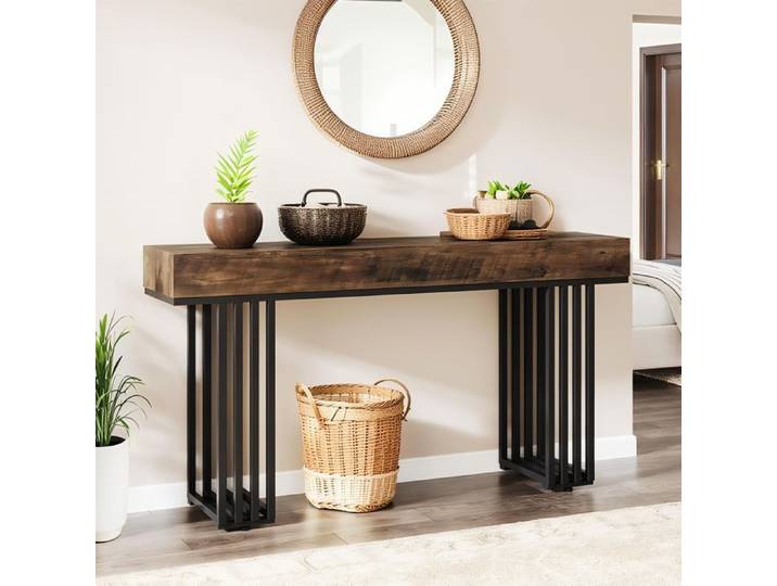 Table Console - 140×30×82 cm - Industrielle Table de canapé Cadre métallique pour Le Salon l'entrée （marron/noir）