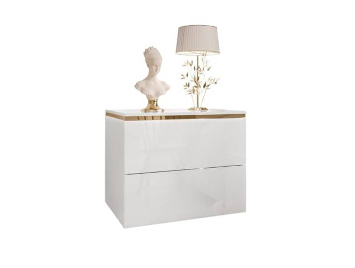 Lookway Nachttisch Aurora II Weiß Hochglanz mit LED Beleuchtung Hängend oder auf Goldenen Beinen Gold Dekorative Leiste Modernes Schlafzimmermöbel (Hängend)
