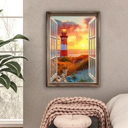LEINWANDBILD Aussicht - Fenster - Leuchtturm - Sonnenuntergang - Strand Wandbild Wohnzimmer 60x80 cm