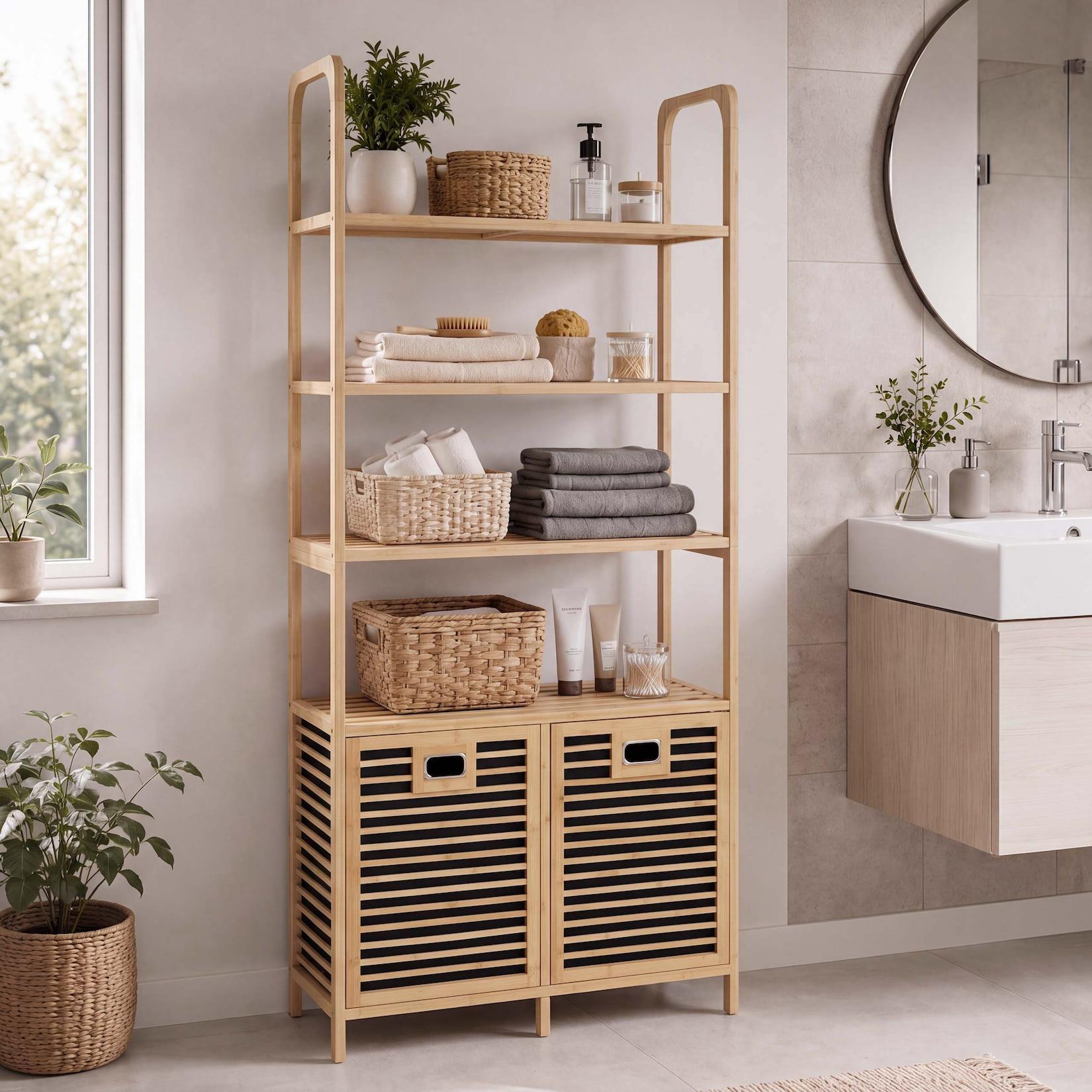Bambus-Badezimmerschrank MCW-N83, Regal Badschrank, 2 Wäschekörbe 4 Regalböden MVG 168x81x33cm ~ natur, Korb anthrazit
