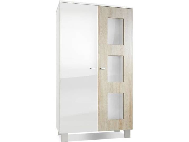 Vladon Vitrine Armoire Denjo Corps en Blanc mat - Façades en Blanc haute brillance et Chêne brut