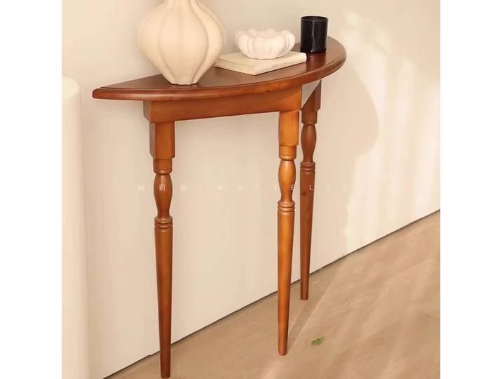 Tables consoles françaises, Table d'entrée moderne en bois massif, présentoir semi-circulaire minimaliste, étroit contre la décoration murale