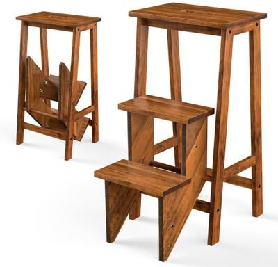 Costway 3-in-1 Rubber Wood 3 Tier Folding Step Stool Ladder Storage Shelf-Coffee