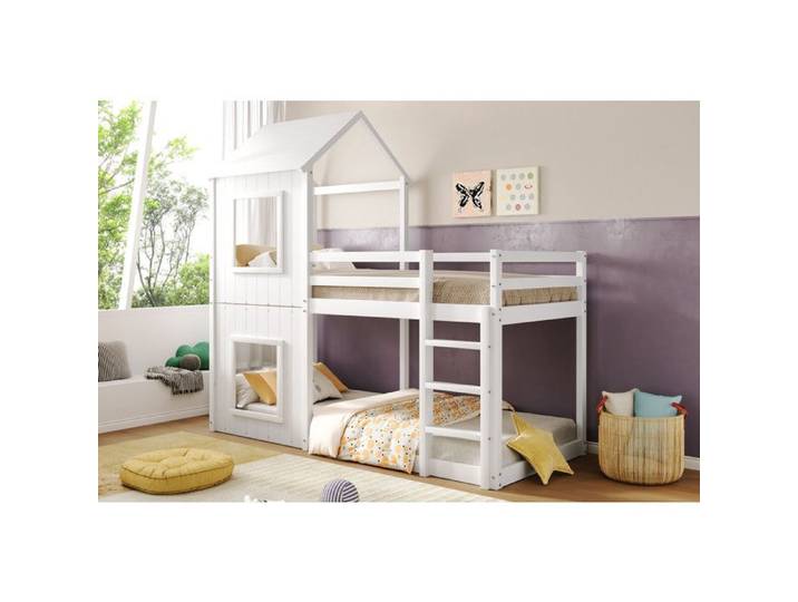 Lit Cabane enfant 90x200 cm avec BarrièRes de SéCurité Lit Superpose avec éChelle et Baldaquin Blanc
