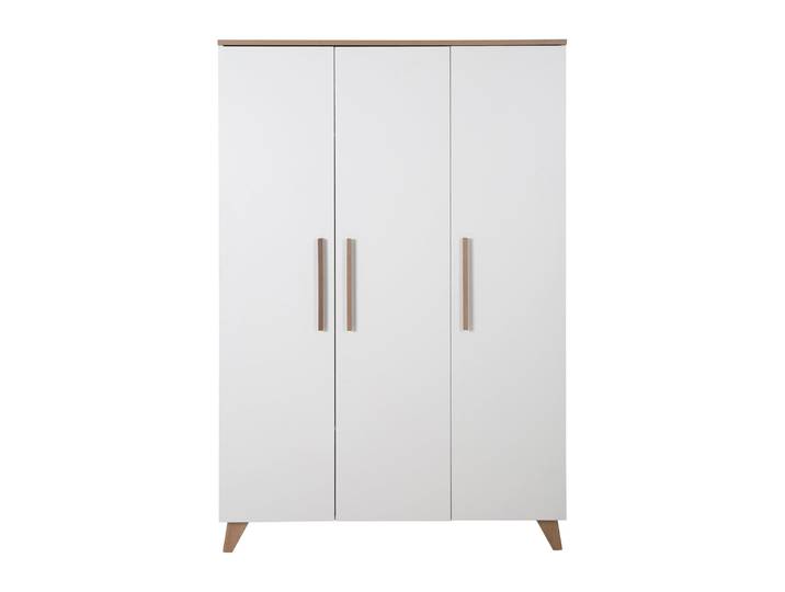 Kleiderschrank 'Ole' 3-türig mit Holzgriffe & -füßen - Weiß / Eichen-Dekor
