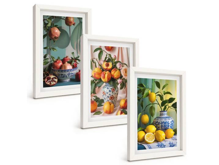 Tulup Bilder SET 3er Set - 20x30 cm Weißer Rahmen - Granatäpfel, Pfirsiche, Zitronen, Kunststoff, Rechteckig, 20x30 cm, gerahmt, Bilder & Rahmen, Bilder
