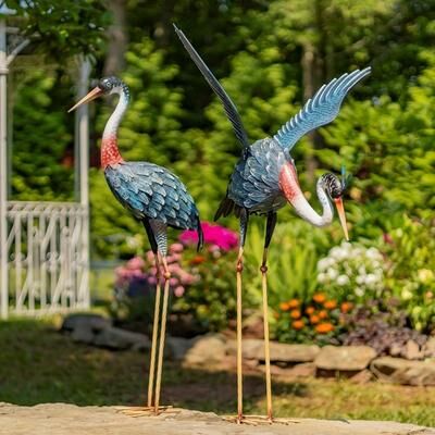 Zaer Ltd Set of 2 Large Iron Blue Paradise Crane Figurines