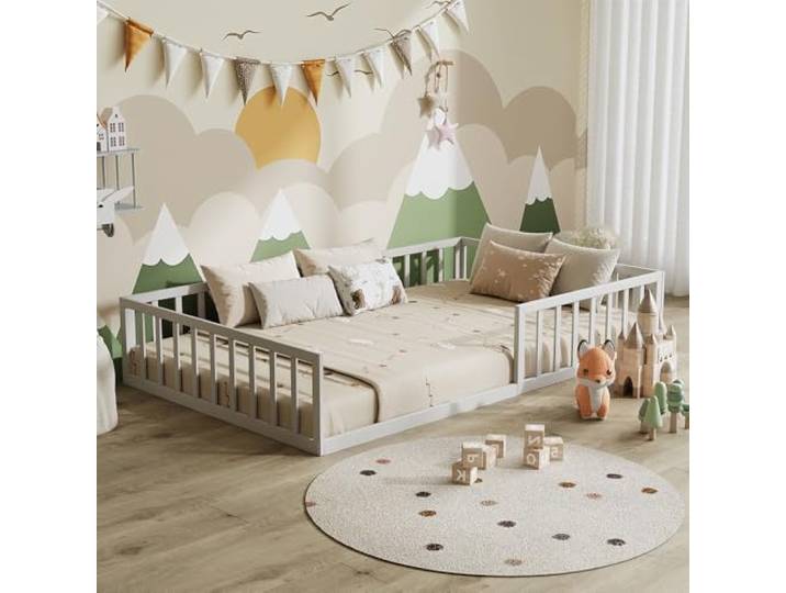 VitaliSpa Bodenbett Minno 120x200, Kinderbett aus Metall, Montessori Bett mit Rausfallschutz, niedrige Einstiegshöhe, Weiß