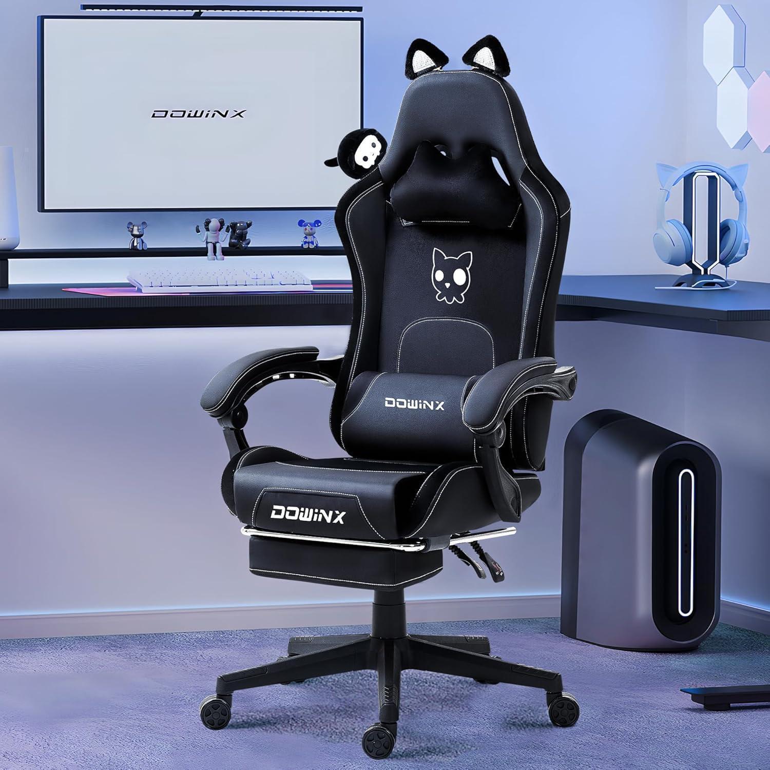 Dowinx Gaming Stuhl Weiße Katze Edition Ergonomischer Computerstuhl Lendenwirbelstütze Kunstleder Fußstütze Snow Weiß Kaninchen