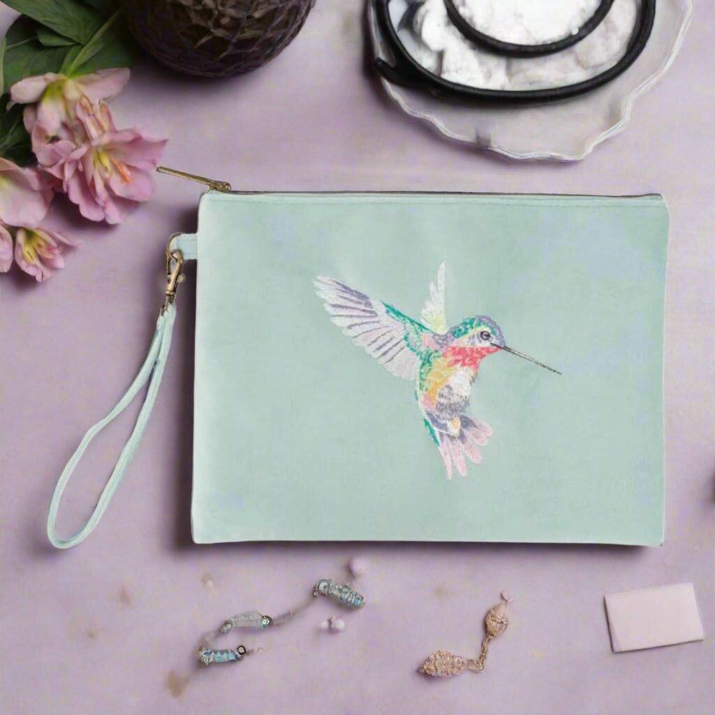 Wrendale Designs by Hannah Dale Embroidered Pouch - Wisteria Wishes - Hummingbird
