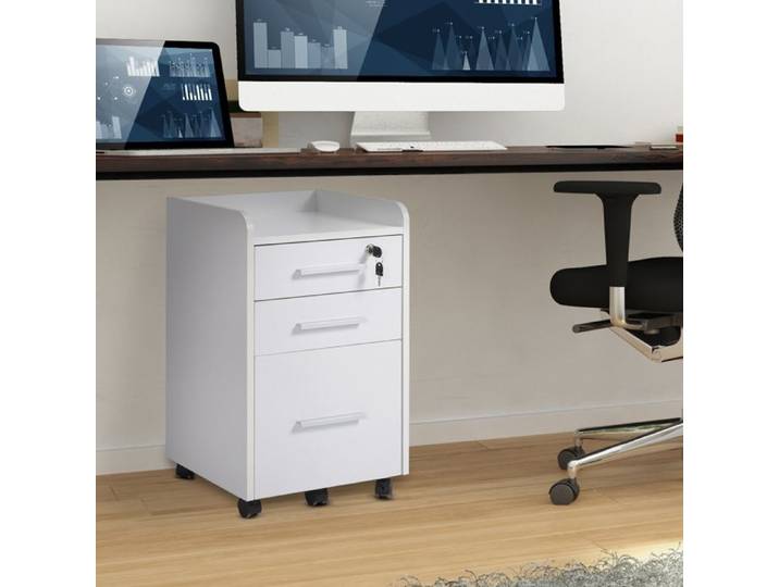 Caisson de bureau porte-documents en bois blanc avec 3 tiroirs et clés