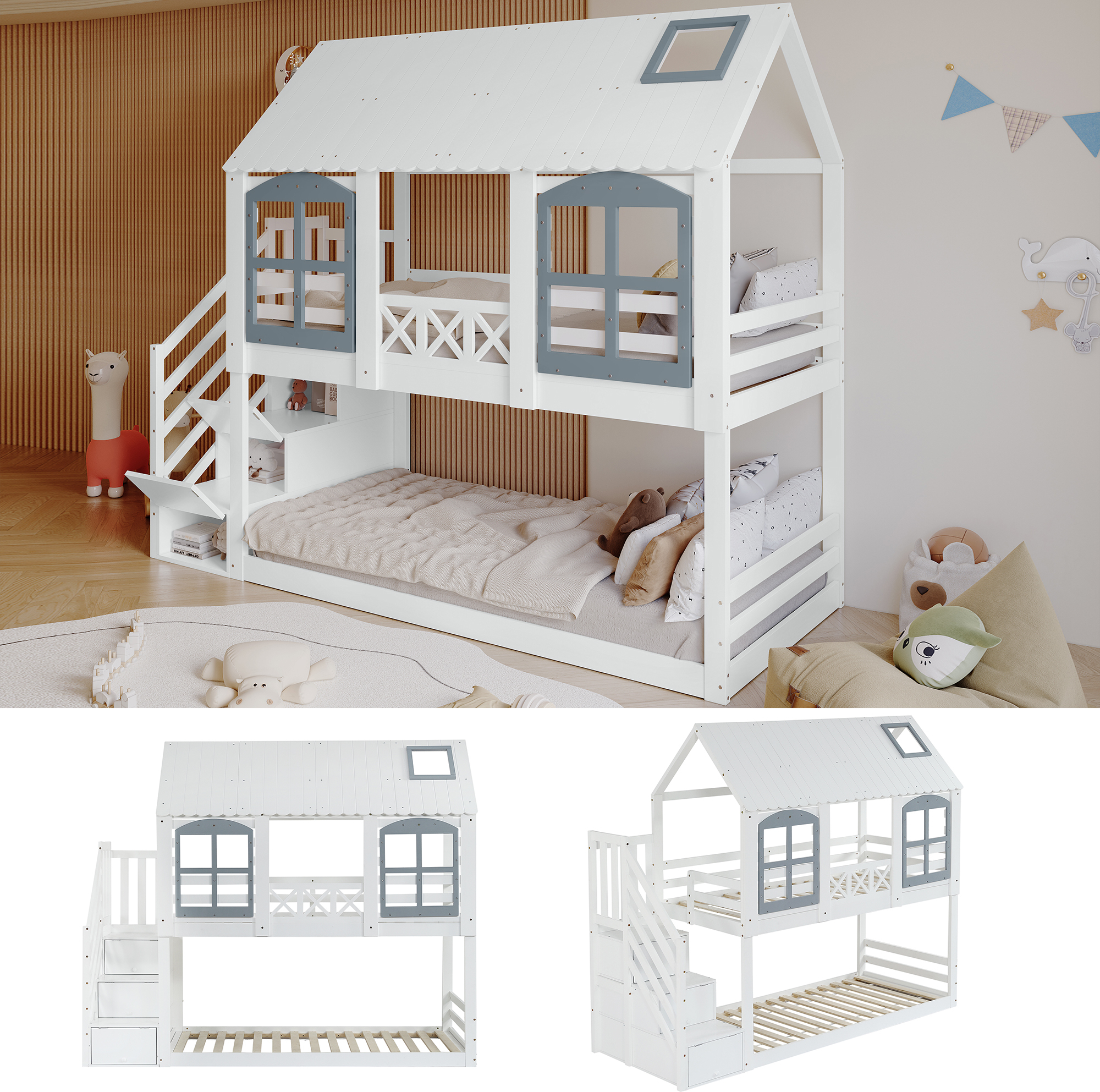 Etagenbett, Kinderbett, Kinderbett mit Dach und Fenster, mit Fallschutzgitter, mit 3 Schließfächer in der Treppe, Reichlich Stauraum,