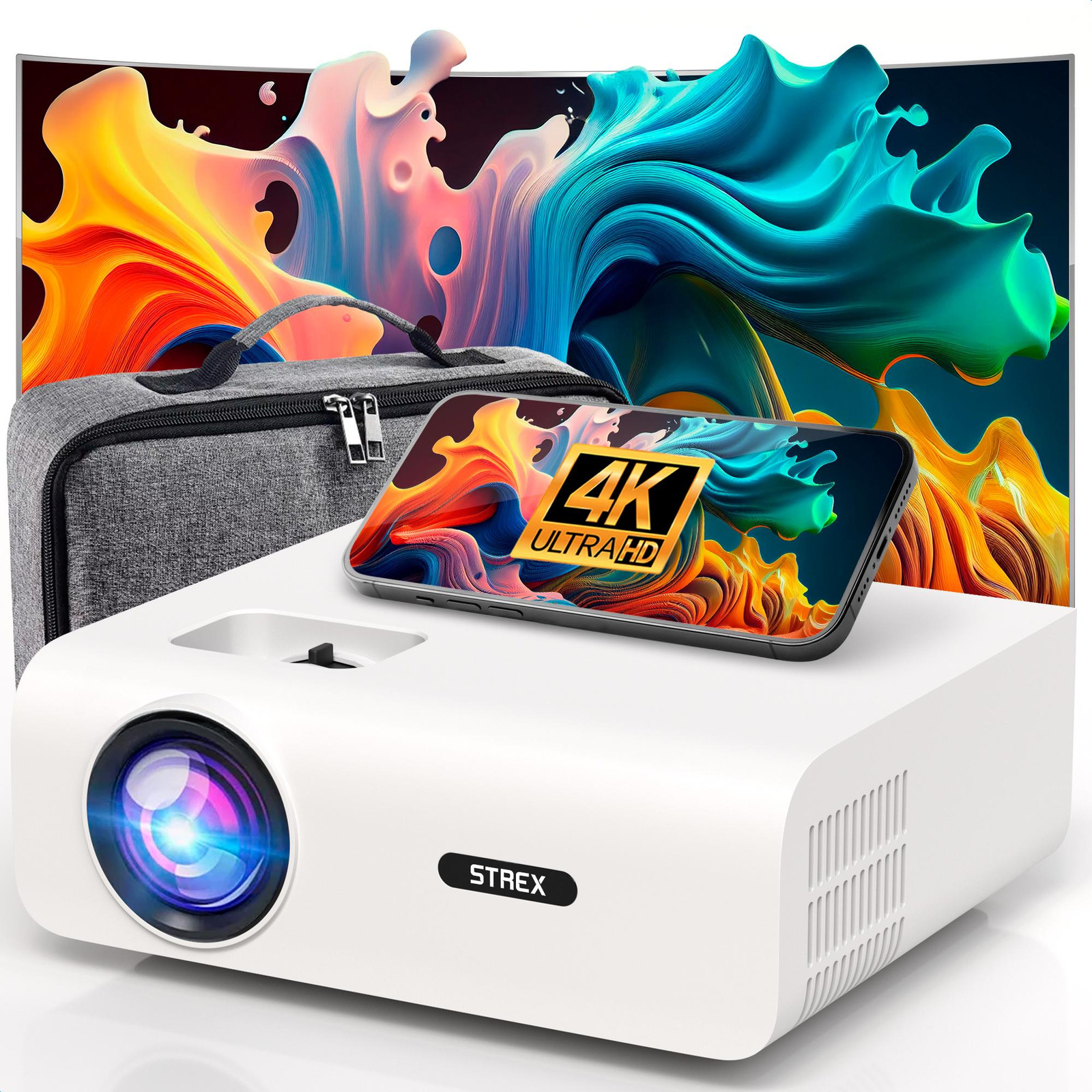 Strex Mini Beamer Projector - 1080P Full HD - 15000 Lumen - WiFi & Bluetooth - Inclusief Tas en Projectiescherm