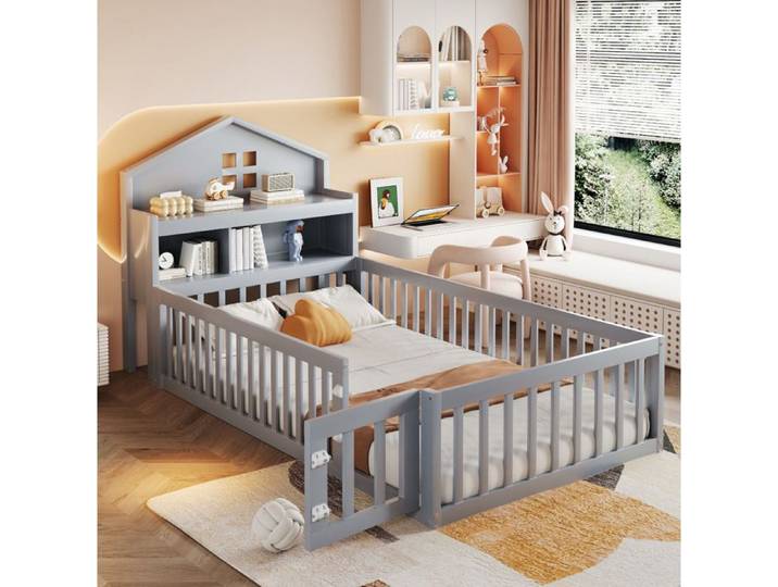 Lit enfant 90 × 200 cm en bois gris avec structure maison rangements et porte