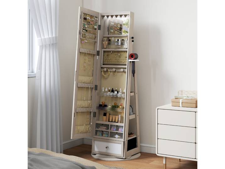 HOMCOM Armoire à Bijoux Pivotante Miroir Pleine Longueur LED