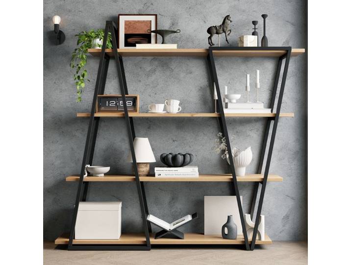Bibliothèque ouverte géométrique 158 x 35 x 166 cm avec 4 étagères MDF et cadre métal noir marron