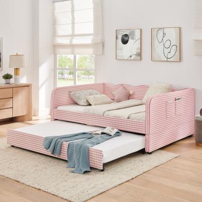 Kodotan sofa Full‑Size Daybed, Gingham Upholstered 3‑in‑1 Versatile Convertible Sofa Bed with Pull‑Out Trundle & Side Storage Pockets