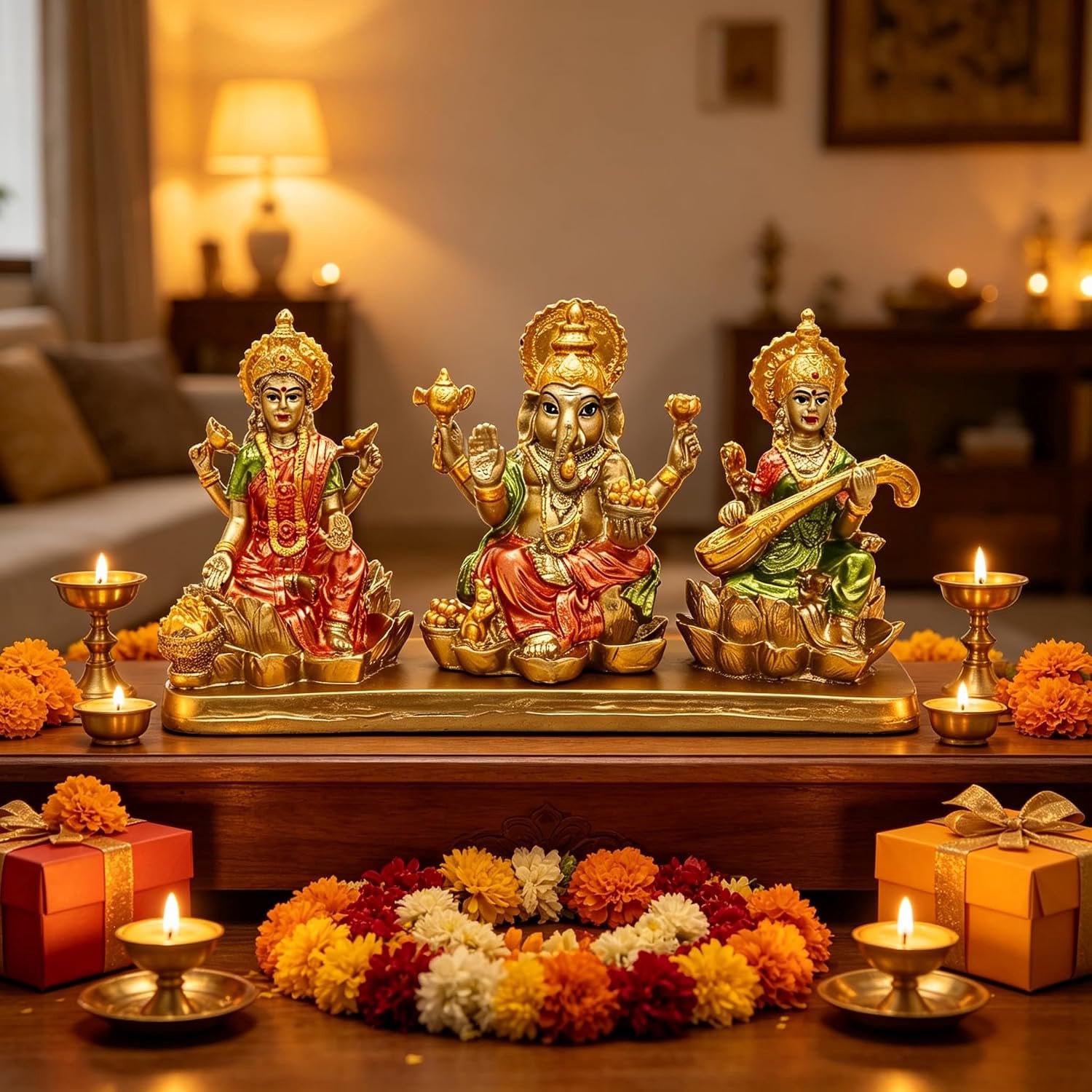 Merloos Hindu Drie-eenheid Beeld: Lakshmi, Ganesha & Saraswati voor op tafel
