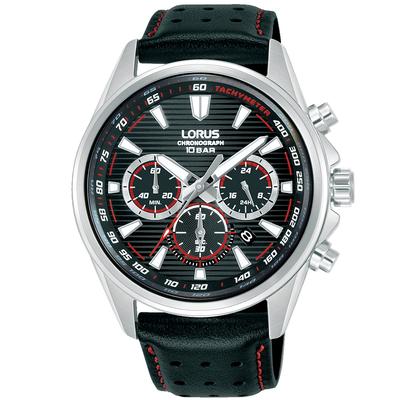 Chronograph LORUS "Sports Chronograph", schwarz (schwarz, rot), Armbanduhren, Herren, Chronograph, Quarzuhr, Armbanduhr, Herrenuhr, Lederarmband, analog, Tag