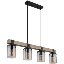 Hängeleuchte Esszimmerleuchte Pendellampe Deckenleuchte Wohnzimmerlampe, Metall schwarz Zylinderförmige Glasschirme rauchfarben Holz dunkelbraun, 4 Flammig E27, H 133 cm