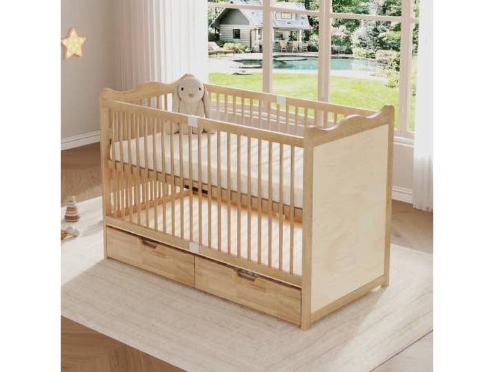 BXEYXE Massives stabiles Gitter-Babybett, 4 höhenverstellbare Stufen, Babybett mit Schubladen, naturbelassenes Kiefernholz, Wellenlinien Design, Naturholzfarbe, 70 x 140 cm