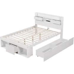 STILVORA Doppelbett aus Kiefernholz und MDF, Weiß, 140x200 cm, mit USB-Anschluss und Stauraum