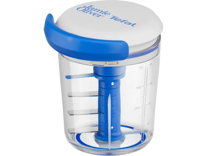Gemüsehacker TEFAL K16441 + K16443 Jamie Oliver Chop & Shaker , weiß (weiß, blau), B:11cm H:12cm T:10cm, Zerkleinerer, Gemüsehacker, Zerkleinerer, 450 ml, Edelstahlklingen, Deckel, Messskala, Rotormesser
