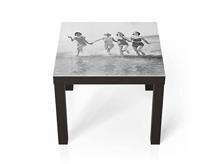DEQORI Glastisch schwarz klein 55x55 cm Motiv Retro Badebekleidung ausgefallener Beistelltisch aus Glas Hochglanz Couchtisch fürs Wohnzimmer moderner Couch Tisch mit Design