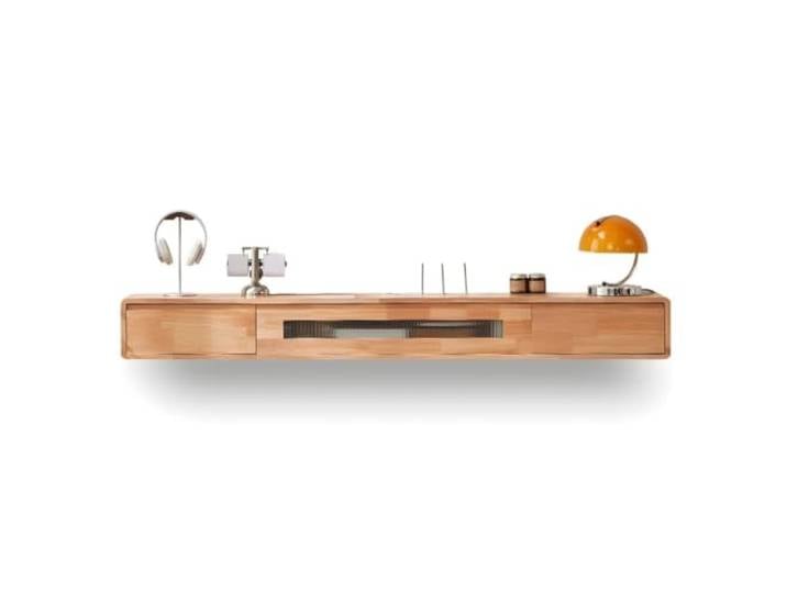 Moderner schwebender TV-Ständer mit Klapptüren aus Massivholz TV-Schrank Schwebendes TV-Ständerregal mit Schubladen zur Wandmontage(Natural Color)