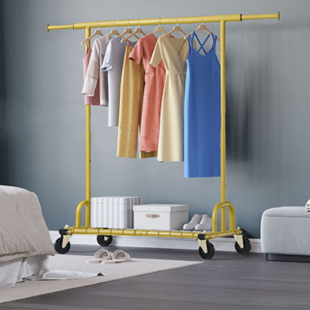 Rebrilliant Heavy Duty Clothes Rail 238kg (525lbs) Capacity, Extendable Hanging Rack with Lockable Wheels & Shelves Gold