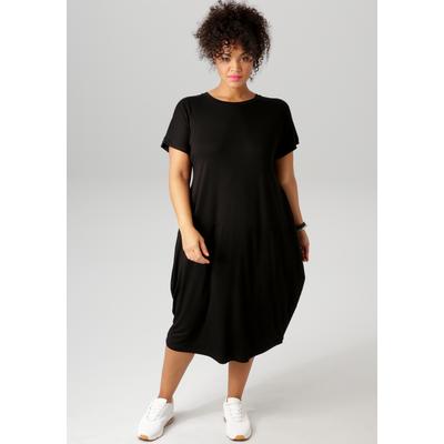 Jerseykleid ANISTON PLUS, Damen, Gr. 46, N-Gr, Kurzarm, Jersey, schwarz, Jersey, Obermaterial: 95% Viskose, 5% Elasthan, unifarben, bequem kniebedeckend, Rundhals, abgestepptes Bündchen, Kleider Jerseykleid