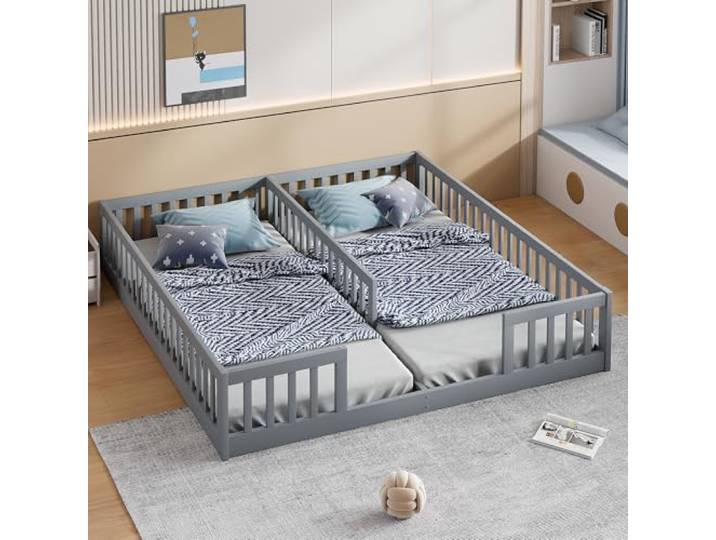 FAVSH Bodenbett 90x200 cm, Doppelbett mit Sicherheitsgitter & Lattenrost Stabiles Jugendbett, Holzbett Jugendbett aus Kiefer für Familien mit 2 Kindern, Kiefernholz, Minimalistischer Stil(Grau