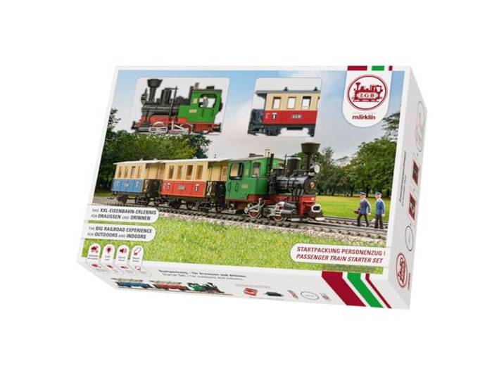 LGB 70307 Gartenbahn Starterset Personenzug– L70307, Gartenbahn-Modelleisenbahn, mit Lokomotive und Zwei Waggons, Outdoor-Eisenbahn, Spur G, 85 x 12 x 16 cm