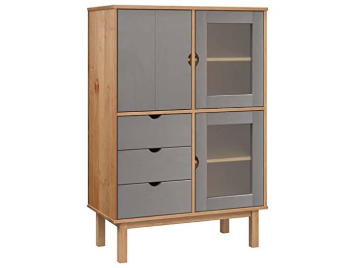 PUGYNBK OTTA Sideboard, Massivholz, Kiefer, Braun und Grau, 85 x 43 x 125 3 Schubladen und 3 Türen, stabil, vielseitig, dekorative Oberfläche