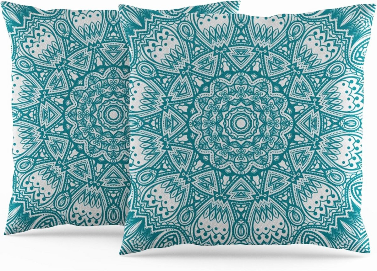Marokkaanse kussensloop met turquoise abstract mandala en arabeske print, 40 x 40 cm