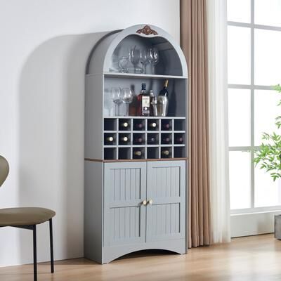 Ostweer Modern Arched Wood Wine Cabinet Bar Cabinet with Adjustable Shelves, Freestanding Bookcase Blue Gray Storage Cabinet