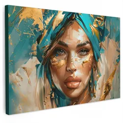 LEINWANDBILD Frau - Porträt - Gold - Luxus - Blau Gemälde 60x40 cm