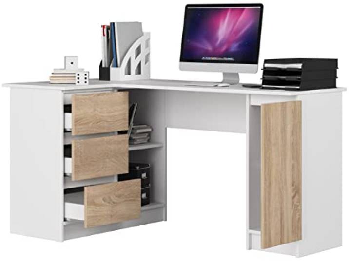 BDW Eckschreibtisch Links, 3 Schubladen und 4 Einlegeböden, viel Platz zum Ausbreiten, für Jugendzimmer, Büros und Ateliers, Computertisch, Arbeitstisch, Bürotisch, 155x77x91, Weiss/Eiche Sonoma