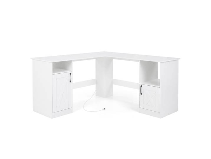 L-vormig Bureau 150 x 150 cm Hoekbureau met Oplaadstation 4 Open Planken en 2 Kasten Computertafel Houten Bureaublad voor Studeerkamer Kantoor en Thuiskantoor Wit